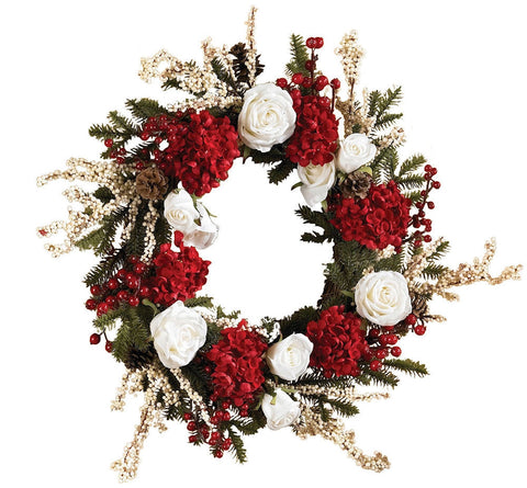 4899 Hydrangea & Rose Silk Holiday Wreath by Nearly Natural | 24 inches