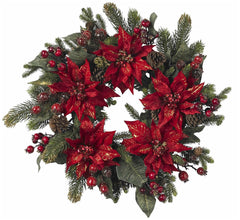 4919 Poinsettia & Berry Silk Holiday Wreath by Nearly Natural | 24 inches
