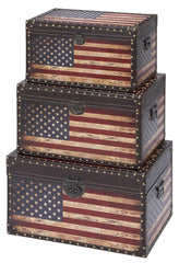 35023 American Flag Faux Leather Wood Rectangular Trunk Set/3 by Benzara
