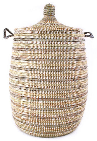 sen10q Silver Cream & White Stripe Medium Traditional Hamper Storage Basket | Senegal Fair Trade by Swahili Imports