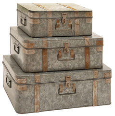 38190 Galvanized Metal with Straps Suitcase Storage Box Set of 3 by Benzara