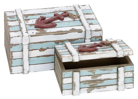 38700 Nautical Anchor Hand Painted Wood Rectangular Box Set/2 by Benzara