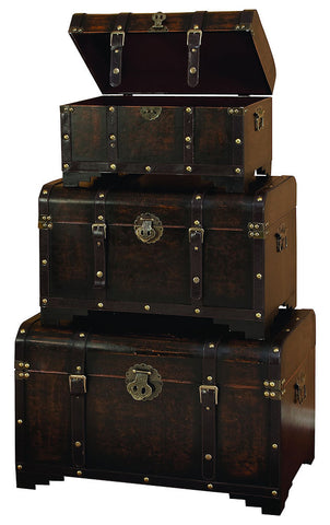 39409 Classic Straps Wood Faux Leather Monitor Top Storage Trunk Set of 3 by Benzara