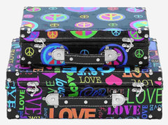 41019 Peace Love Canvas Wood Suitcase Storage Box Set/2 by Benzara