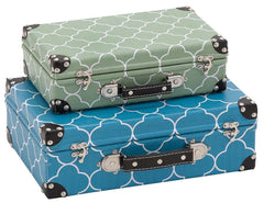 41063 Quatrefoil Pattern Vinyl Wood Suitcase Storage Box Set of 2 by Benzara