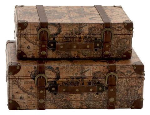 41068 Age of Discovery Faux Leather Wood Suitcase with Straps Box Set of 2 by Benzara