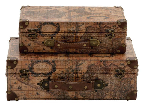 41069 Age of Discovery Faux Leather Wood Suitcase Storage Box Set of 2 by Benzara
