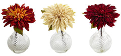 4130-S3 Dahlia Set of 3 Silk Flowers in Water w/Vases by Nearly Natural | 8"