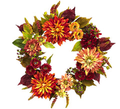 4131 Dahlia & Mum Artificial Autumn Wreath by Nearly Natural | 22 inches