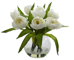4535-WH Tulips Silk Flowers in Water with Vase by Nearly Natural | 11 inches