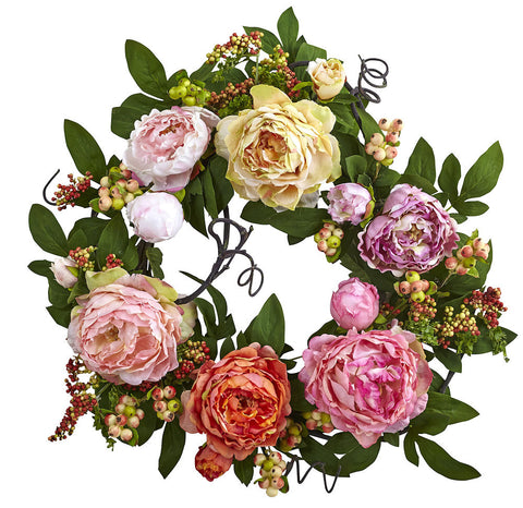 4537 Mixed Peony & Berry Artificial Wreath by Nearly Natural | 20 inches