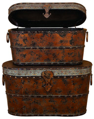 48248 Antiqued Metal Wood Oval Storage Trunk Set of 2 by Benzara