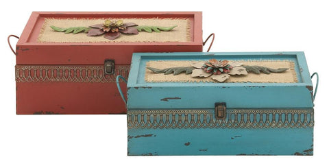 48622 Pink and Blue Floral Metal Rectangular Storage Box Set of 2 by Benzara
