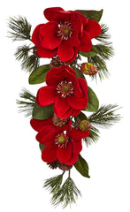 4870 Red Magnolia & Pine Faux Holiday Teardrop by Nearly Natural | 26"