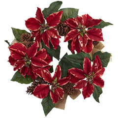 4871 Poinsettia Pine Cone Burlap Holiday Wreath by Nearly Natural | 22"