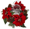 4875 Poinsettia & Pine Cone Holiday Candelabrum by Nearly Natural | 8.75"
