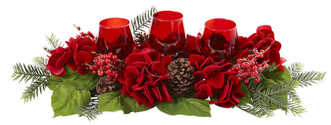 4876 Red Hydrangea Silk Candle Holiday Candelabrum by Nearly Natural | 24"