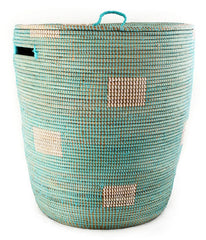 sen40n Aqua with White Dots Medium Sahara Woven Laundry Hamper Basket | Senegal Fair Trade by Swahili Imports