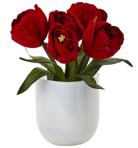 4880-RD Tulips Faux Flower Arrangement with Vase by Nearly Natural | 8.5"
