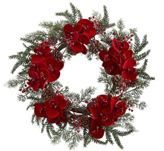 4884 Red Orchid Berry Pine Cone Holiday Wreath by Nearly Natural | 22"