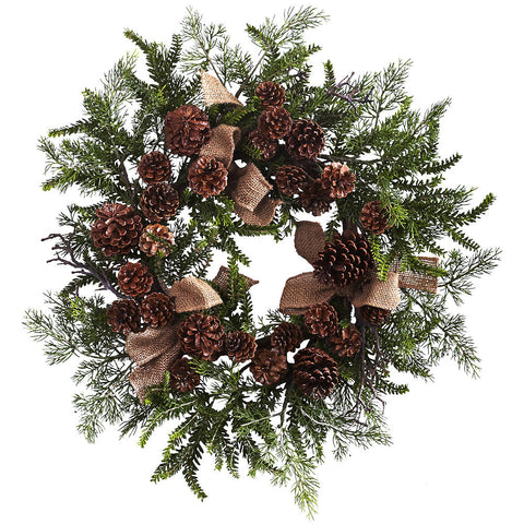 4888 Pine & Pine Cone Faux Holiday Wreath w/Burlap by Nearly Natural | 24"