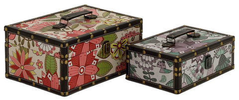50281 Vintage Floral Pattern Vinyl Wood Rectangular Storage Box Set of 2 by Benzara