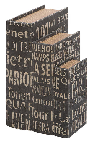 53862 European Landmarks Canvas Wood Faux Book Box Storage Set/3 by Benzara
