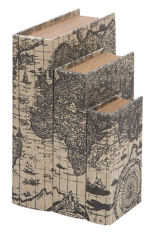 53863 Ancient World Map Canvas Wood Faux Book Box Storage Set of 3 by Benzara
