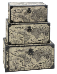 53864 Ancient World Map Canvas Wood Steamer Storage Trunk Set of 3 by Benzara