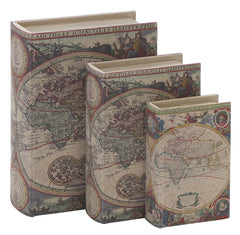 54117 Olde World Maps Canvas Wood Faux Book Box Storage Set/3 by Benzara