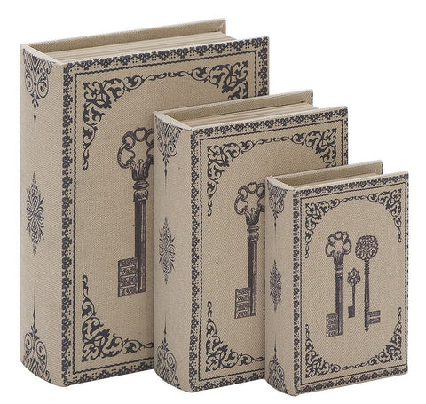 54119 Antique Keys Canvas Wood Faux Book Box Storage Set/3 by Benzara