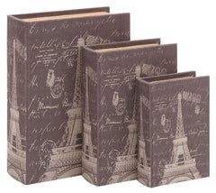 54164 Eiffel Tower Postcards Canvas Wood Faux Book Box Storage Set of 3 by Benzara