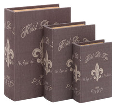 54165 Paris Hotel de Lys Canvas Wood Faux Book Box Storage Set/3 by Benzara