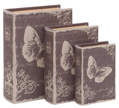 54166 Butterfly Postcards Canvas Wood Faux Book Box Storage Set of 3 by Benzara