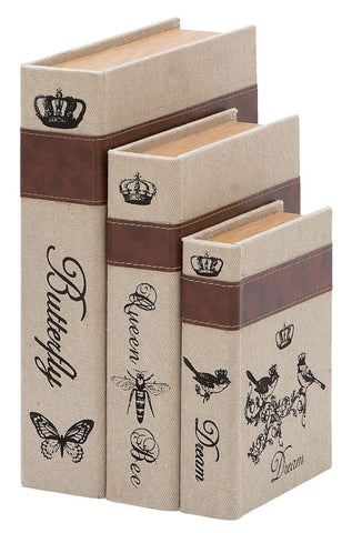 54707 Nature Garden Burlap Wood Faux Leather Book Box Storage Set of 3 by Benzara