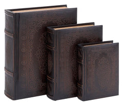 55715 Floral Design Faux Leather Wood Book Box Storage Set/3 by Benzara