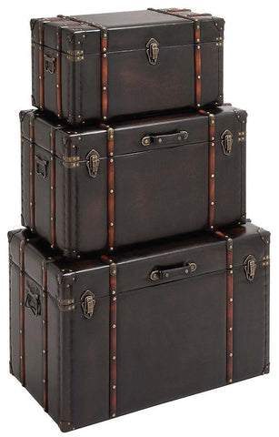 55746 Dark Gray Faux Leather Wood Rectangular Storage Trunk Set of 3 by Benzara