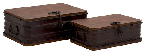 56566 Dark Brown Metal Wood Rectangular Storage Box Set of 2 by Benzara