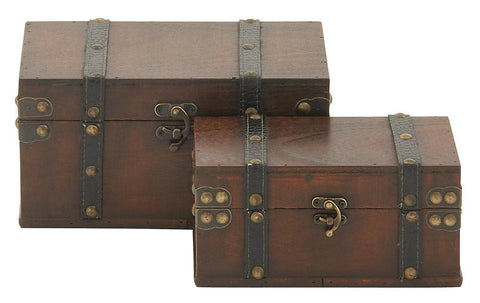 56630 Brown Strap & Buckle Faux Leather Wood Rectangular Storage Box Set/2 by Benzara
