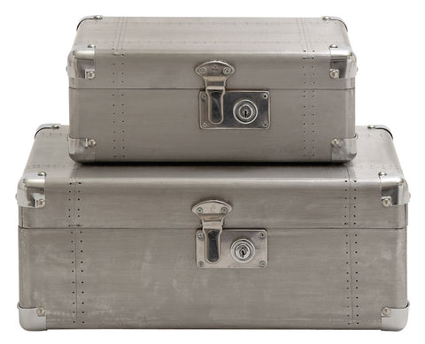 56817 Vintage Design Aluminum Wood Rectangular Storage Box Set of 2 by Benzara