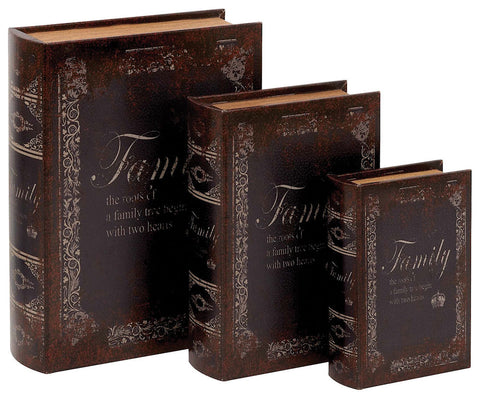 Family Faux Leather Wood Book Box Storage Set of 3