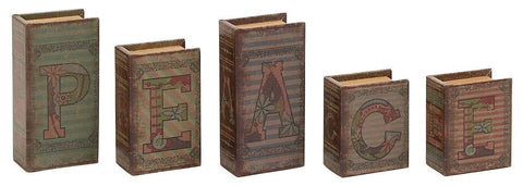 59392 PEACE Faux Leather Wood Mini Book Box Storage Set of 5 by Benzara