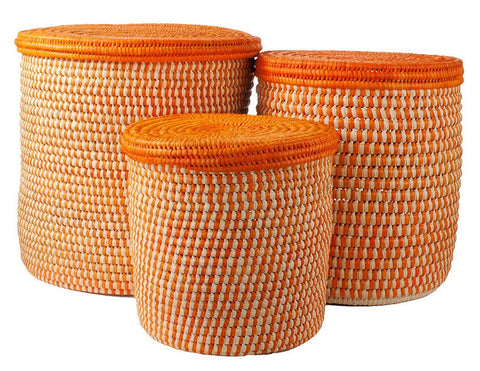 ken-a Orange Set of 3 Nesting Turkana Storage Baskets with Lids | Senegal Fair Trade by Swahili Imports