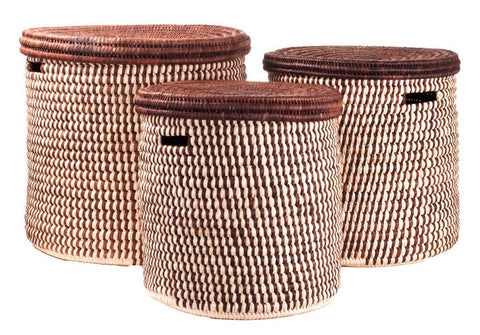 ken-c Brown Set of 3 Nesting Turkana Storage Baskets with Lids | Senegal Fair Trade by Swahili Imports