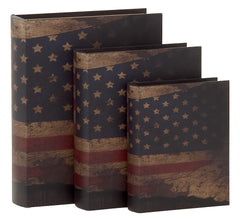 61448 American Flag Canvas Wood Faux Book Box Storage Set of 3 by Benzara