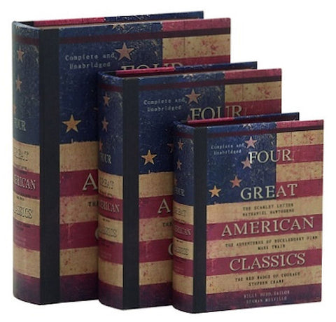 61449 Four American Classics Canvas Wood Faux Book Box Storage Set of 3 by Benzara