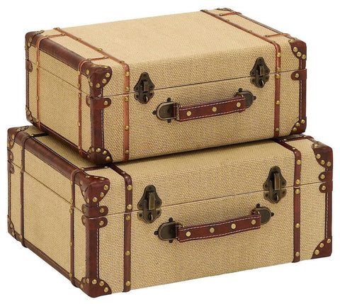 62258 Vintage Design Burlap Wood Faux Leather Suitcase Storage Box Set of 2 by Benzara