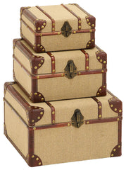 62260 Vintage Design Burlap Wood Faux Leather Square Storage Box Set of 3 by Benzara