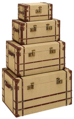 62261 Vintage Design Burlap Wood Faux Leather Storage Trunk Set of 4 by Benzara