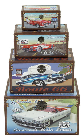 62288 Classic Cars Route 66 Canvas Wood Faux Leather Storage Trunk Set of 4 by Benzara